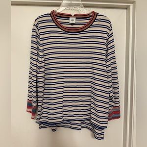 Cabi Cadet Pullover,blue&white stripes with multi colored cuffs&neck.Size M